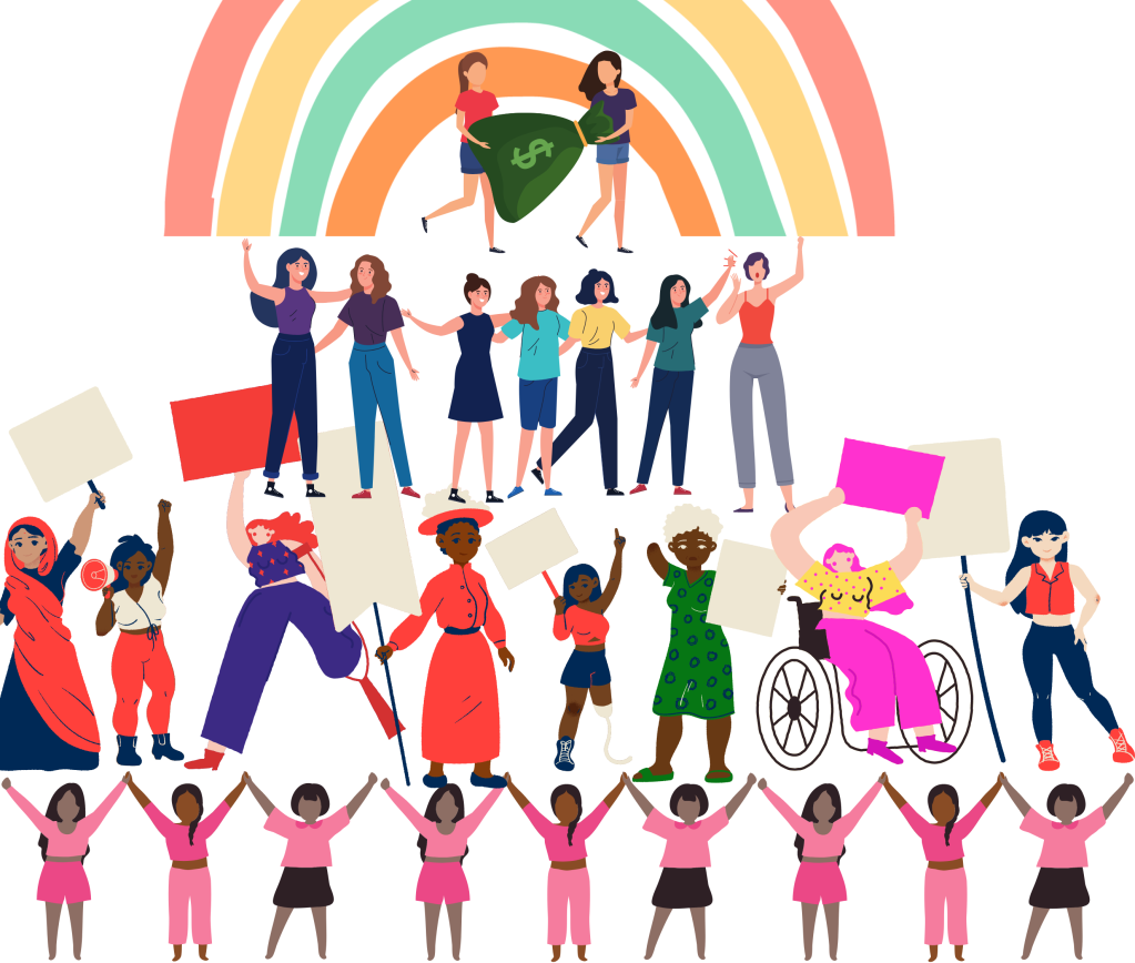 An illustration of a pyramid of women standing hand in hand waving flags. on the upper tier is two white women and a bag of money.

